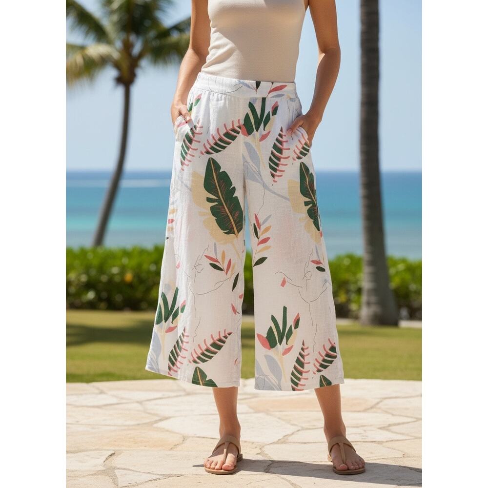 Cynthia Rowley 100% Linen Tropical Print Wide Leg Crop Pants size M
